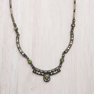 Vintage-Inspired Green Rhinestone And Brass Metal Necklace